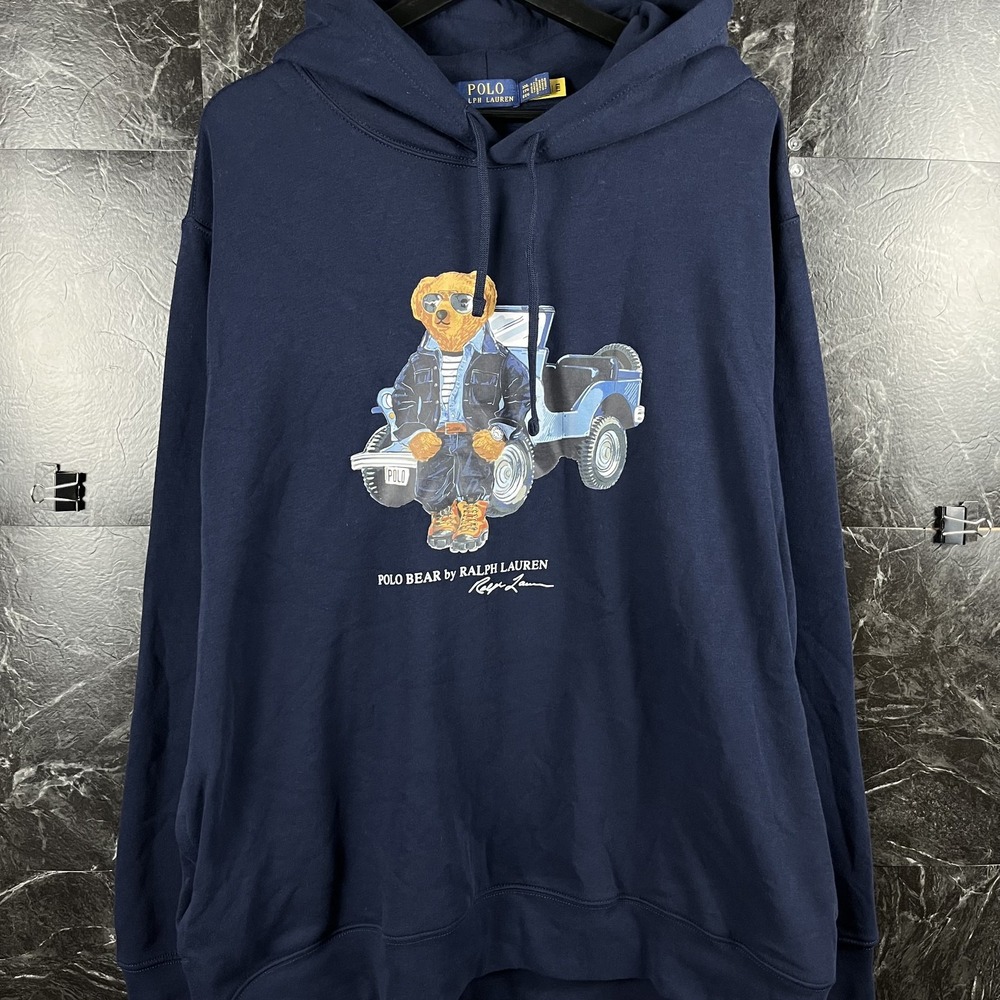 Polo Ralph Lauren Men's Blue Car Polo Bear Hoodie XXL -Flaws